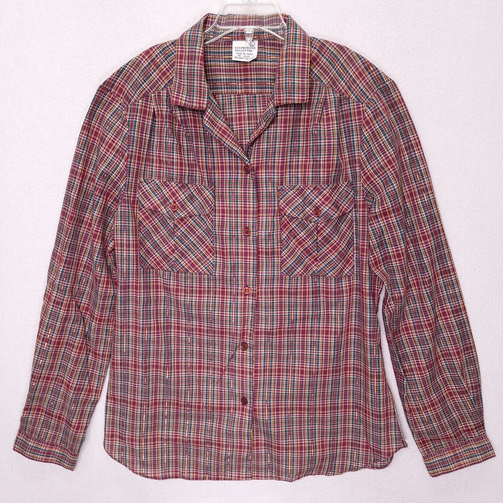 Vintage Plaid Metallic Button Down Shirt Womens Large Red Green Gold Lurex 90s